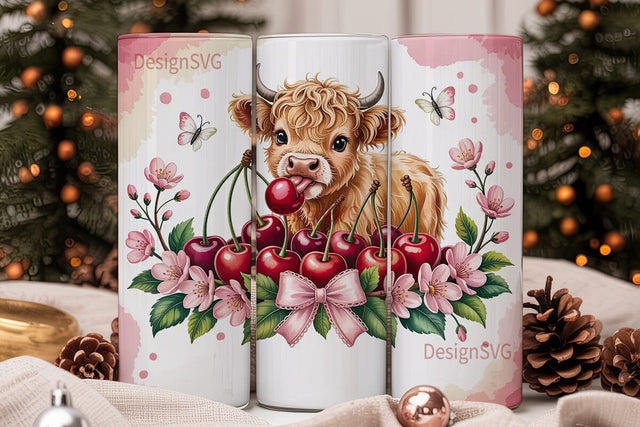 Highland Cow with Cherries Tumbler Wrap Sublimation DesignSVG 