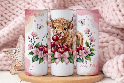 Highland Cow with Cherries Tumbler Wrap Sublimation DesignSVG 