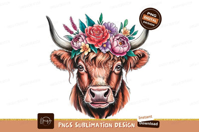 Highland Cow With Flower Crown Art Sublimation Designangry 