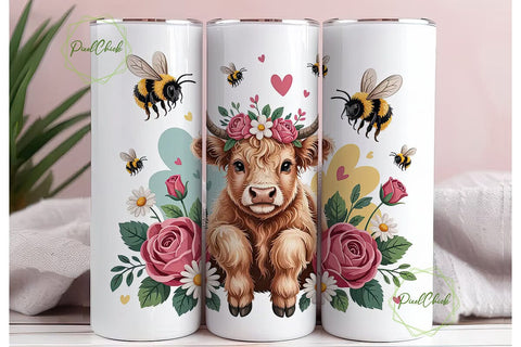 Highland Cow with Flowers 20oz Tumbler Sublimation PixelChick 