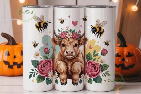 Highland Cow with Flowers 20oz Tumbler Sublimation PixelChick 