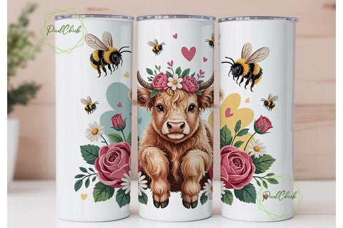 Highland Cow with Flowers 20oz Tumbler Sublimation PixelChick 