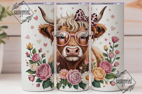 Highland Cow with Flowers 20oz Tumbler Sublimation sassyprint 