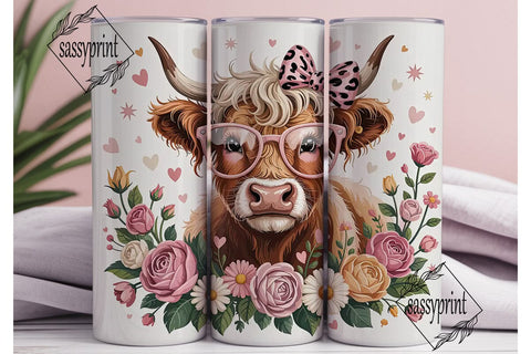 Highland Cow with Flowers 20oz Tumbler Sublimation sassyprint 