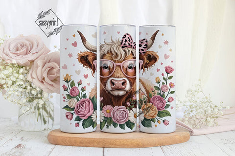 Highland Cow with Flowers 20oz Tumbler Sublimation sassyprint 