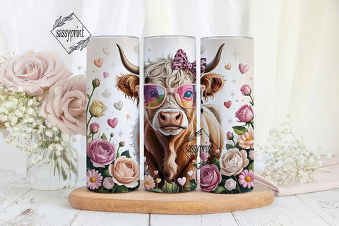 Highland Cow with Flowers 20oz Tumbler Sublimation sassyprint 