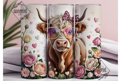 Highland Cow with Flowers 20oz Tumbler Sublimation sassyprint 