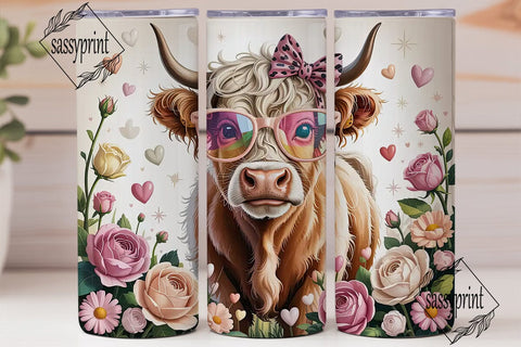 Highland Cow with Flowers 20oz Tumbler Sublimation sassyprint 