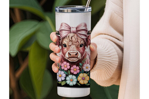 Highland Cow with Flowers Tumbler Wrap Sublimation DesignSVG 