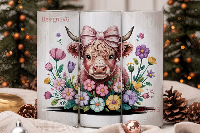 Highland Cow with Flowers Tumbler Wrap Sublimation DesignSVG 