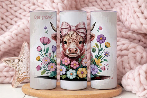 Highland Cow with Flowers Tumbler Wrap Sublimation DesignSVG 