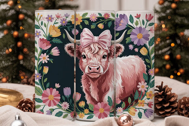 Highland Cow with Flowers Tumbler Wrap Sublimation DesignSVG 