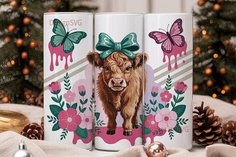Highland Cow with Glitter Bow Tumbler Sublimation DesignSVG 