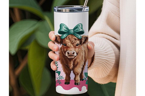 Highland Cow with Glitter Bow Tumbler Sublimation DesignSVG 
