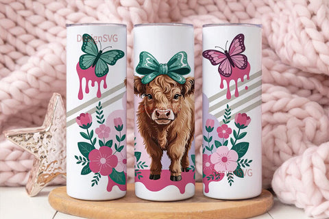 Highland Cow with Glitter Bow Tumbler Sublimation DesignSVG 