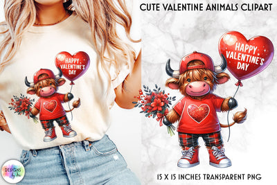 Highland Cow with Red Roses and Valentine Balloon Clipart Sublimation Designs by Ira 