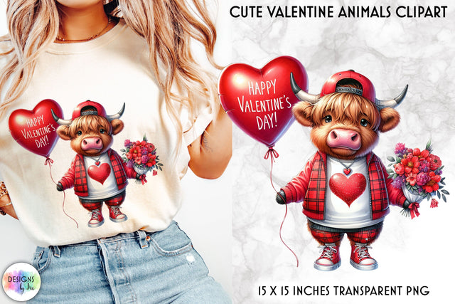 Highland Cow with Red Roses and Valentine Balloon Clipart Sublimation Designs by Ira 