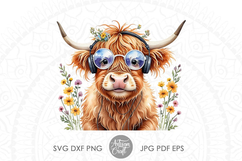 Highland cow with sunglasses, flowers and headphones Sublimation Artisan Craft SVG 