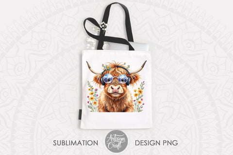 Highland cow with sunglasses, flowers and headphones Sublimation Artisan Craft SVG 