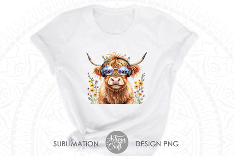 Highland cow with sunglasses, flowers and headphones Sublimation Artisan Craft SVG 