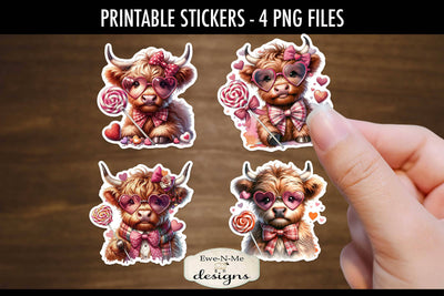 Highland Cows in Heart Glasses Printable Valentine Stickers | 4 PNG Stickers Sublimation Ewe-N-Me Designs 