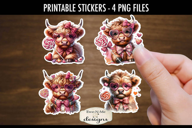 Highland Cows in Heart Glasses Printable Valentine Stickers | 4 PNG Stickers Sublimation Ewe-N-Me Designs 