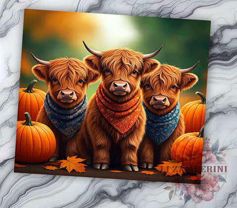 Highland Cows Tumbler Wrap, Pumpkin Fall Design, Autumn Cow Art, Sublimation 20oz Tumbler, Rustic Fall Drinkware, Farm Animal Tumbler, Harvest Cow Design Sublimation Li Zamperini 