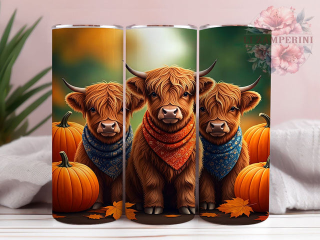 Highland Cows Tumbler Wrap, Pumpkin Fall Design, Autumn Cow Art, Sublimation 20oz Tumbler, Rustic Fall Drinkware, Farm Animal Tumbler, Harvest Cow Design Sublimation Li Zamperini 
