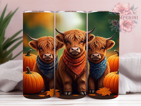 Highland Cows Tumbler Wrap, Pumpkin Fall Design, Autumn Cow Art, Sublimation 20oz Tumbler, Rustic Fall Drinkware, Farm Animal Tumbler, Harvest Cow Design Sublimation Li Zamperini 