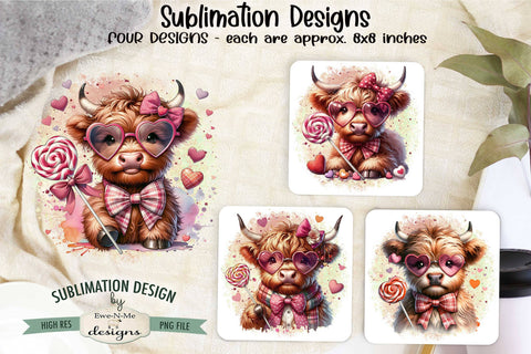 Highland Cows with Candy Sublimation Designs | Valentine PNG Sublimation Ewe-N-Me Designs 