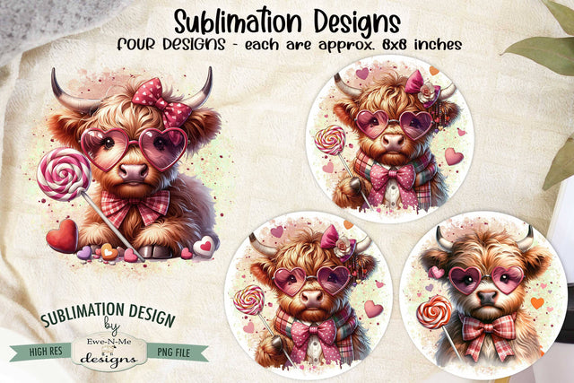 Highland Cows with Candy Sublimation Designs | Valentine PNG Sublimation Ewe-N-Me Designs 