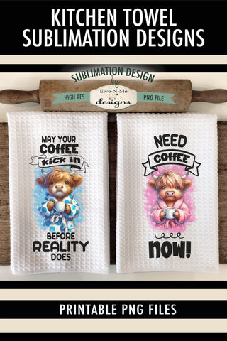 Highland Cows with Coffee Sublimation Kitchen Towel Designs - PNG Designs Sublimation Ewe-N-Me Designs 