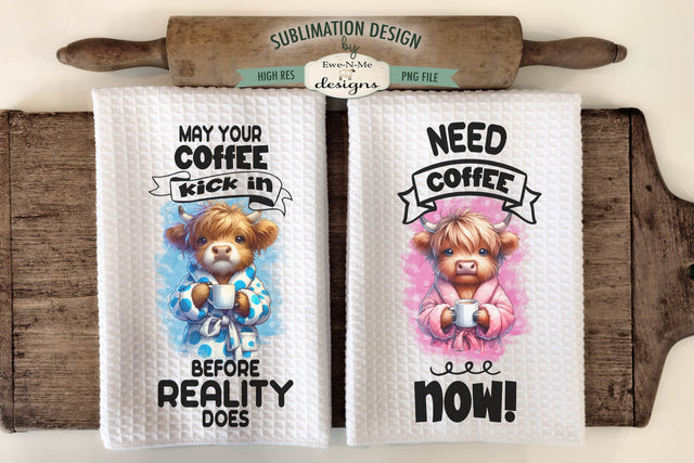 Highland Cows with Coffee Sublimation Kitchen Towel Designs - PNG Designs Sublimation Ewe-N-Me Designs 