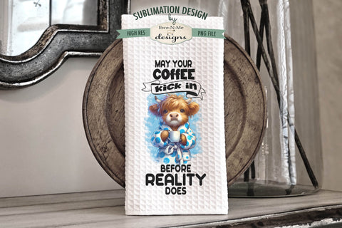 Highland Cows with Coffee Sublimation Kitchen Towel Designs - PNG Designs Sublimation Ewe-N-Me Designs 
