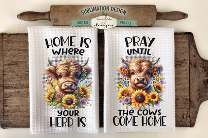 Highland Cows with Sunflowers Daisies Sublimation Dish Towel Design Sublimation Ewe-N-Me Designs 