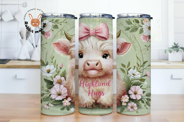 Highland Hugs Cow Floral Tumbler Wrap 20oz Skinny Sublimation Design, Instant Digital Download PNG Sublimation Rabbitmakies 