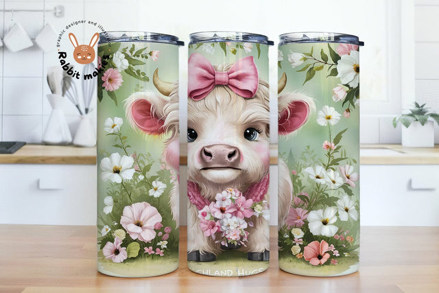 Highland Hugs Cow Floral Tumbler Wrap 20oz Skinny Sublimation Design, Instant Digital Download PNG Sublimation Rabbitmakies 