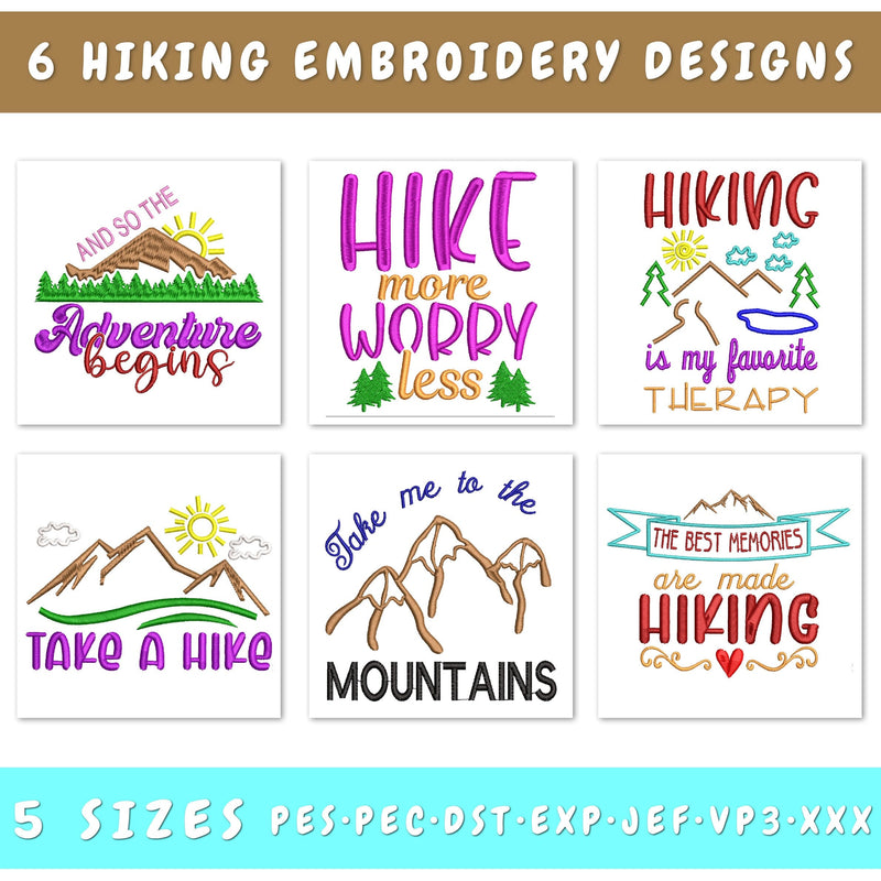 Hiking Quotes Embroidery Designs Bundle - 6 Designs, Hiking Sayings Embroidery Patterns, Hike More Worry Less Embroidery Embroidery/Applique DESIGNS HappyDesignStudio 