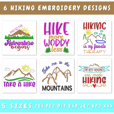 Hiking Quotes Embroidery Designs Bundle - 6 Designs, Hiking Sayings Embroidery Patterns, Hike More Worry Less Embroidery Embroidery/Applique DESIGNS HappyDesignStudio 