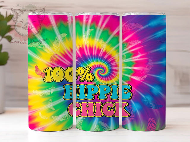 Hippie Chick Tie-Dye Boho Retro Tumbler, Tie-Dye Wrap Design, 100 Percent Hippie Cup, 20Oz Tumbler Sublimation, Boho Style Drinkware, Retro Hippie Mug, Colorful Bohemian Cup Sublimation Lara' s Designs 