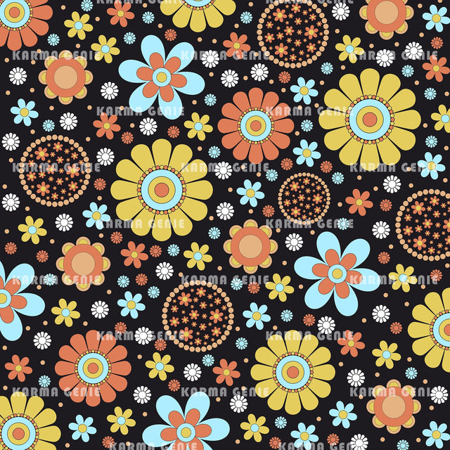 Hippie Flower Power Retro Mid Century 60s 70s Cute Floral Pattern Digital Paper Digital Pattern Karma Genie Graphics 