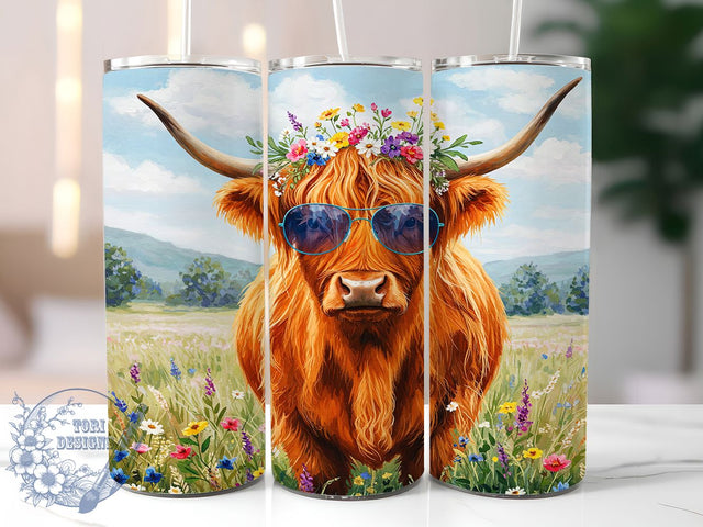 Hippie Highland Cow Boho Tumbler, Hippie Cow Wrap, 20oz Tumbler Sublimation, Boho Farmhouse Design, Groovy Western Art, Flower Crown Cow, Rustic Country Aesthetic Sublimation ToriDesigns 