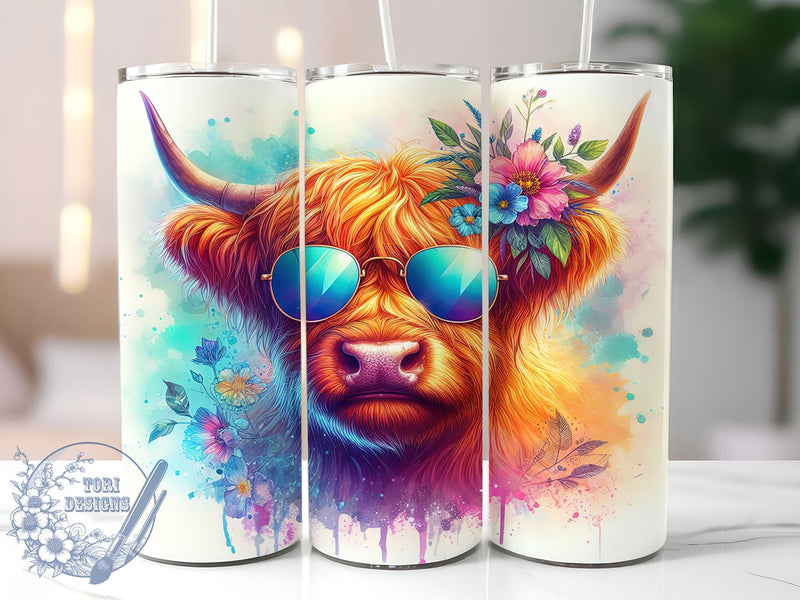Hippie Highland Cow Boho Tumbler, Hippie Cow Wrap, 20oz Tumbler Sublimation, Boho Farmhouse Design, Groovy Western Art, Flower Crown Cow, Rustic Country Aesthetic Sublimation ToriDesigns 