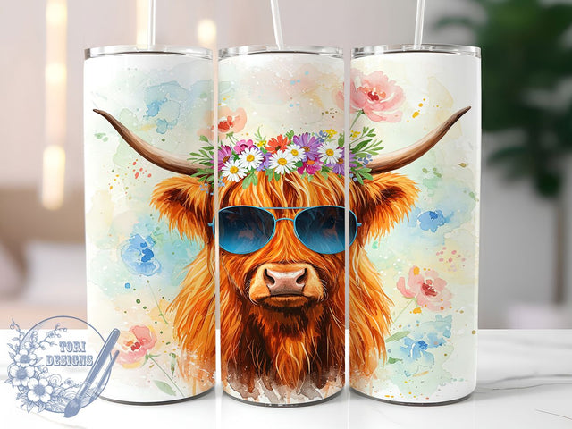 Hippie Highland Cow Boho Tumbler, Hippie Cow Wrap, 20oz Tumbler Sublimation, Boho Farmhouse Design, Groovy Western Art, Flower Crown Cow, Rustic Country Aesthetic Sublimation ToriDesigns 