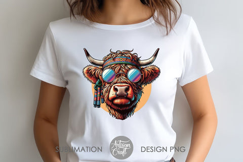 Hippie Highland Cow | Hippie Cow PNG | Sublimation Artisan Craft SVG 