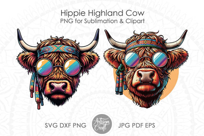 Hippie Highland Cow | Hippie Cow PNG | Sublimation Artisan Craft SVG 