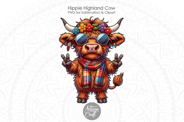 Hippie Highland Cow, Quirky Animals Sublimation Artisan Craft SVG 