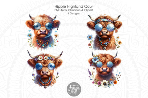 Hippie Highland Cow wearing glasses | beads | flowers Sublimation Artisan Craft SVG 