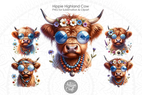 Hippie Highland Cow wearing glasses | beads | flowers Sublimation Artisan Craft SVG 