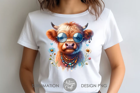 Hippie Highland Cow wearing glasses | beads | flowers Sublimation Artisan Craft SVG 